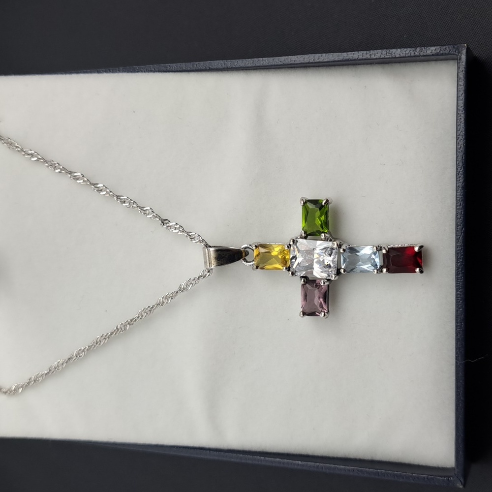 Multi-gemstone Stainless Steel Cross with 16-19" adjustable chain